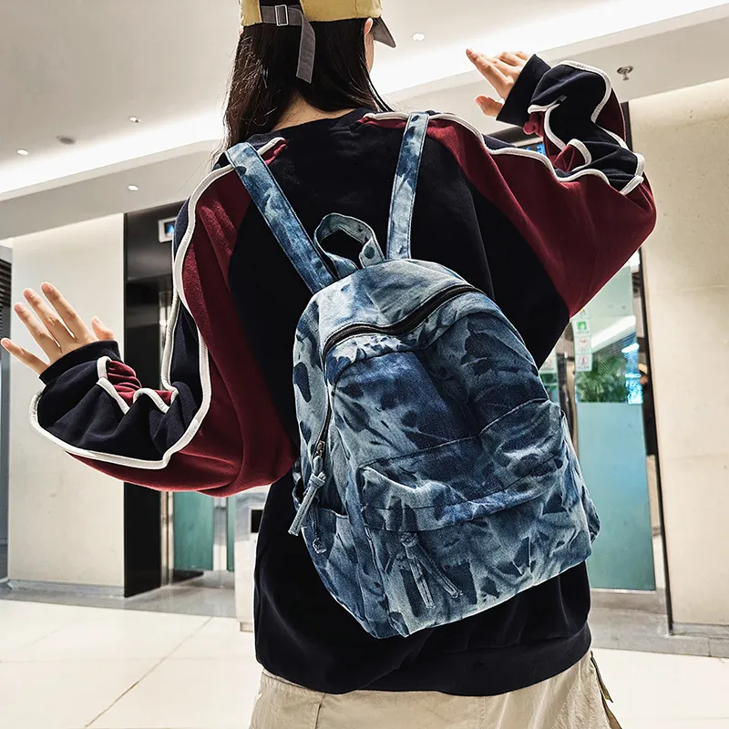 LUVISTRUE Denim Small Backpack Medium Size Unisex Black/Light Blue/Dark Blue-6