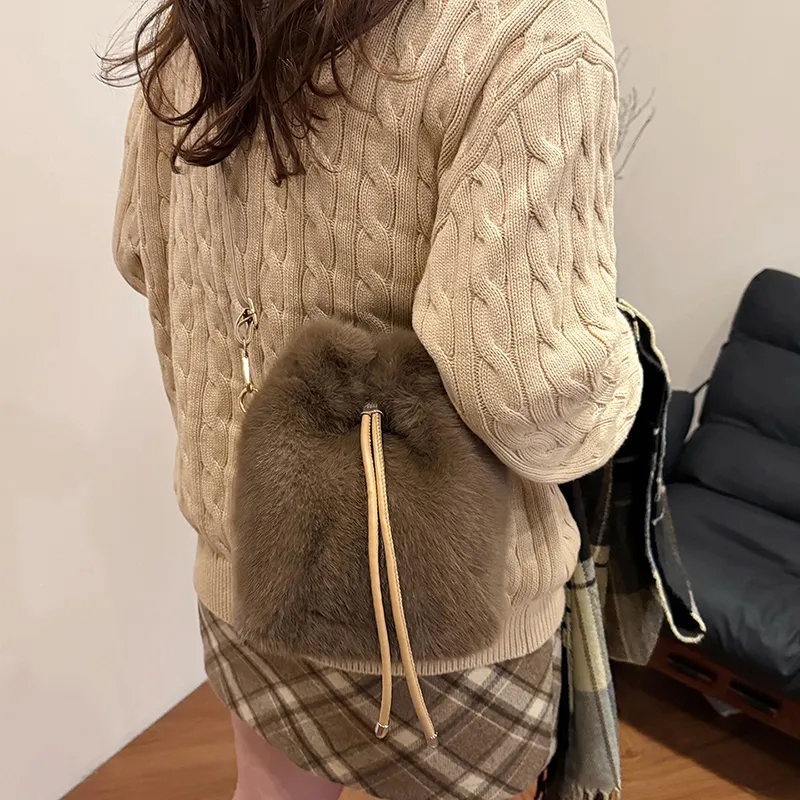 LUVISTRUE Fuzzy Fabric Shoulder Bag Crossbody Bag Women's Dark Khaki/Light Khaki/White/Pink-2
