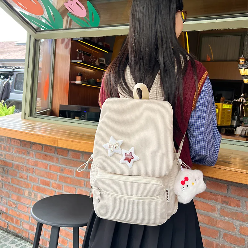 LUVISTRUE Corduroy Backpack Medium Size Women's Beige/Khaki/Black-1