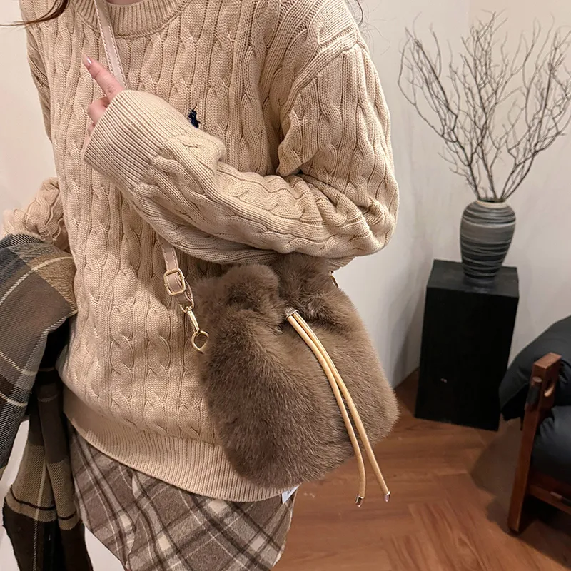 LUVISTRUE Fuzzy Fabric Shoulder Bag Crossbody Bag Women's Dark Khaki/Light Khaki/White/Pink-4