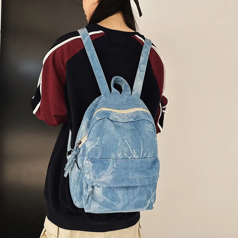 LUVISTRUE Denim Small Backpack Medium Size Unisex Black/Light Blue/Dark Blue-1