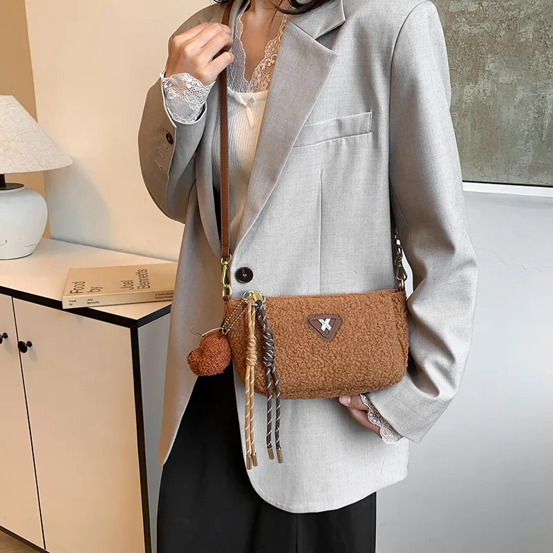 LUVISTRUE Faux Lambswool Shoulder Bags Cell Phone Pouch Crossbody Bags Women's White/Khaki/Brown-1