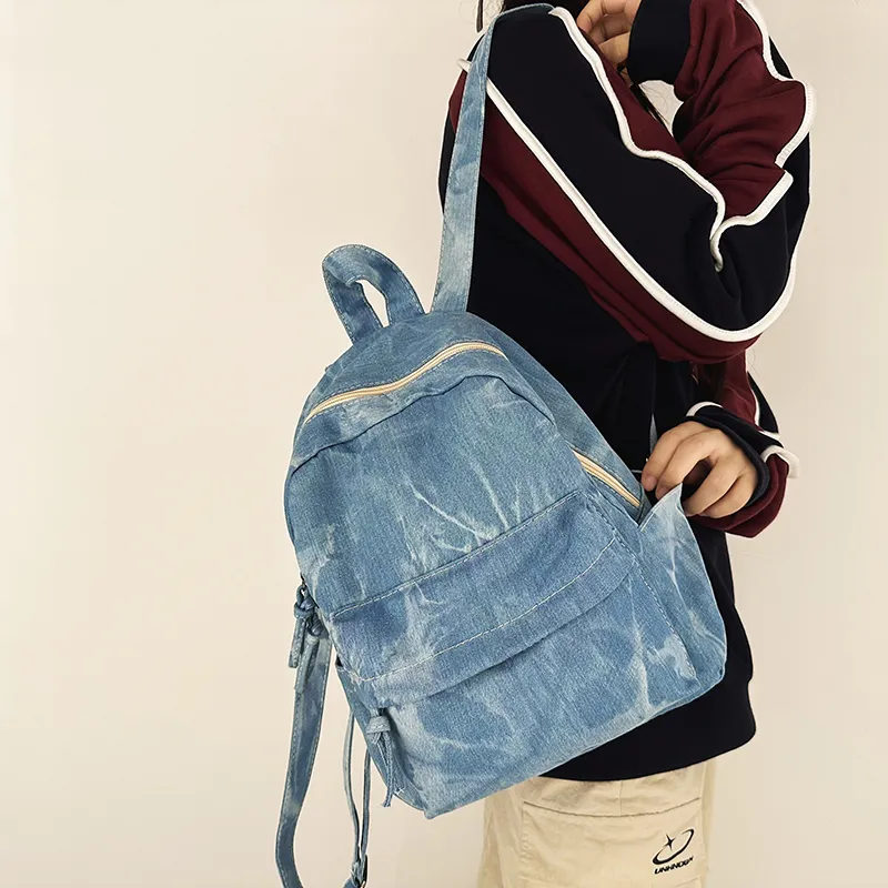 LUVISTRUE Denim Small Backpack Medium Size Unisex Black/Light Blue/Dark Blue-4