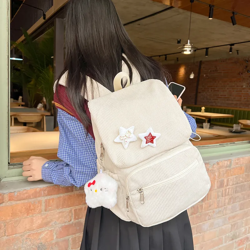 LUVISTRUE Corduroy Backpack Medium Size Women's Beige/Khaki/Black-4