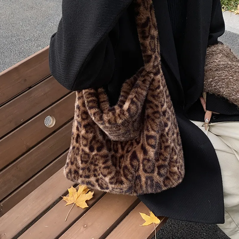 LUVISTRUE Plush Shoulder Bag Tote Medium Size Women's Khaki/Brown/Black-9