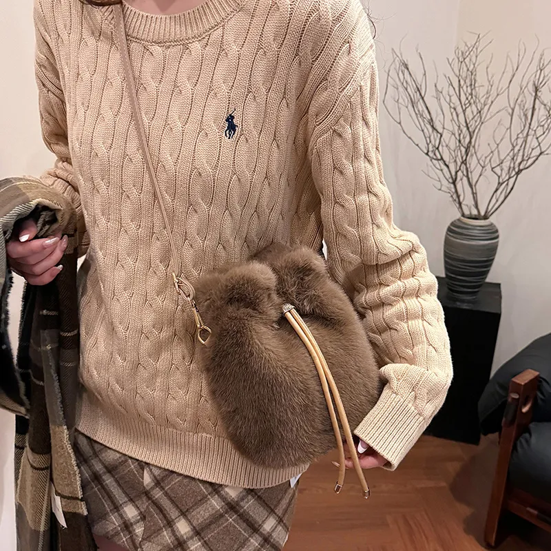 LUVISTRUE Fuzzy Fabric Shoulder Bag Crossbody Bag Women's Dark Khaki/Light Khaki/White/Pink-5