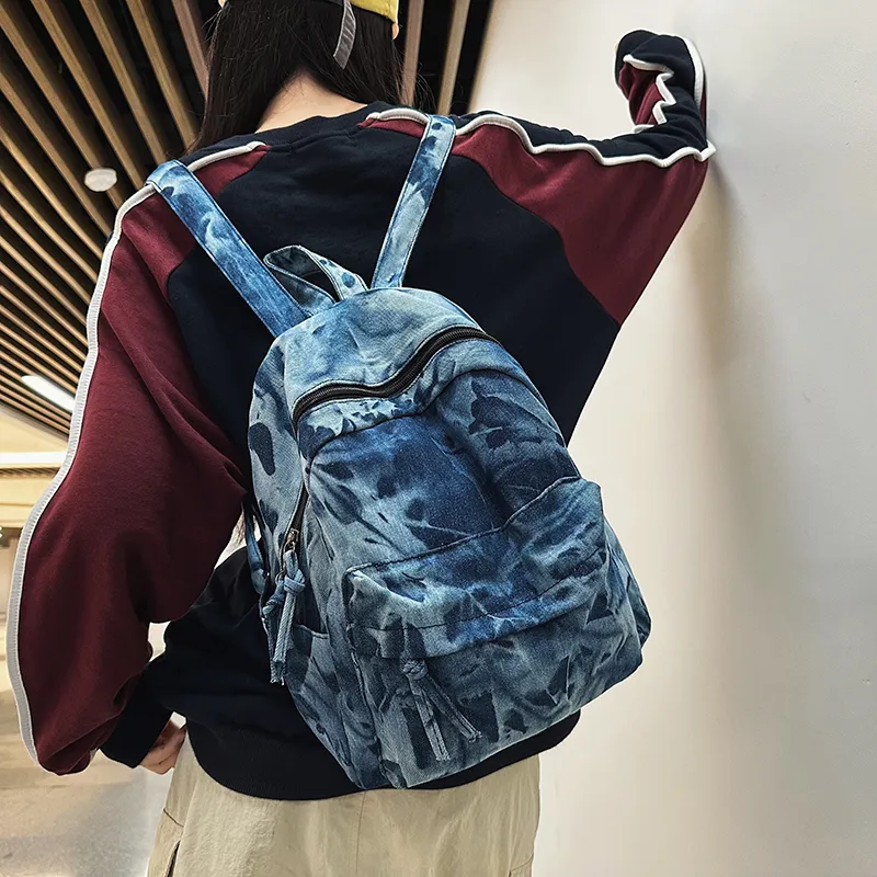 LUVISTRUE Denim Small Backpack Medium Size Unisex Black/Light Blue/Dark Blue-7
