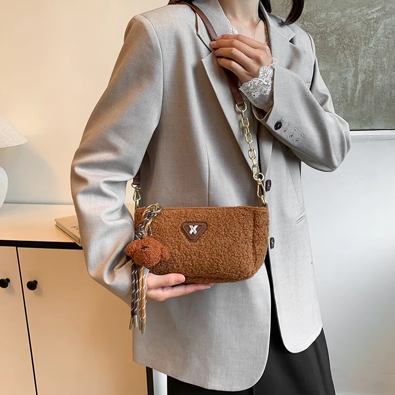 LUVISTRUE Faux Lambswool Shoulder Bags Cell Phone Pouch Crossbody Bags Women's White/Khaki/Brown-6