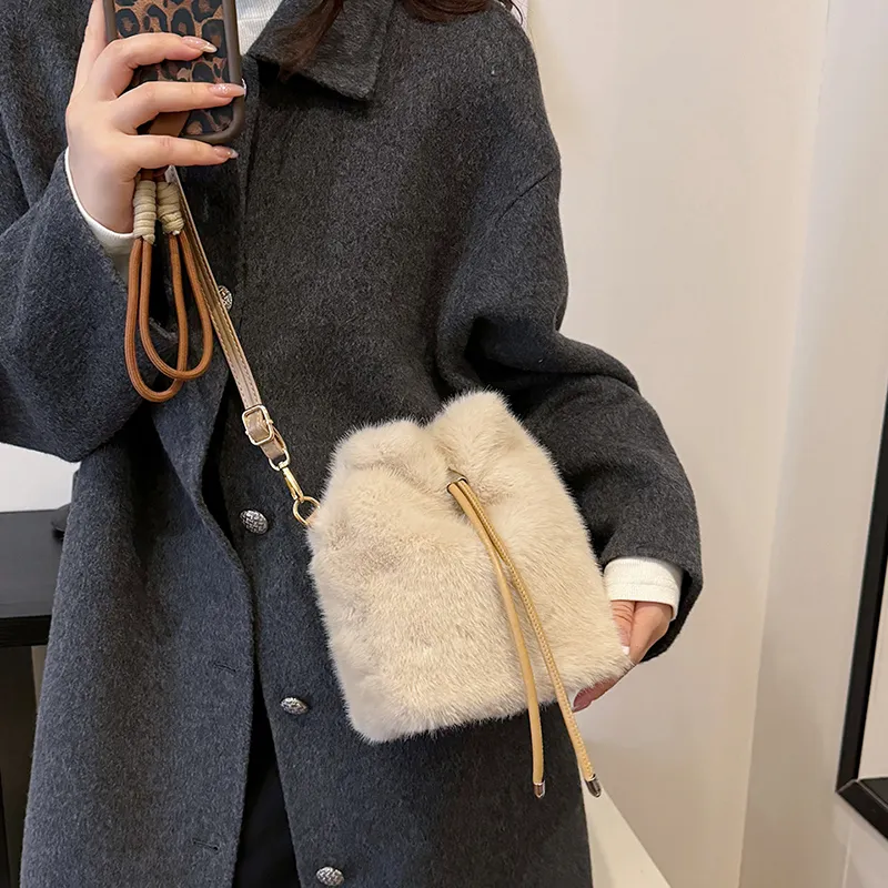 LUVISTRUE Fuzzy Fabric Shoulder Bag Crossbody Bag Women's Dark Khaki/Light Khaki/White/Pink-8