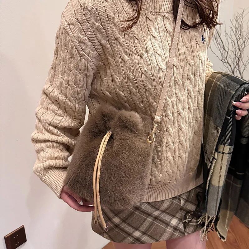 LUVISTRUE Fuzzy Fabric Shoulder Bag Crossbody Bag Women's Dark Khaki/Light Khaki/White/Pink-3