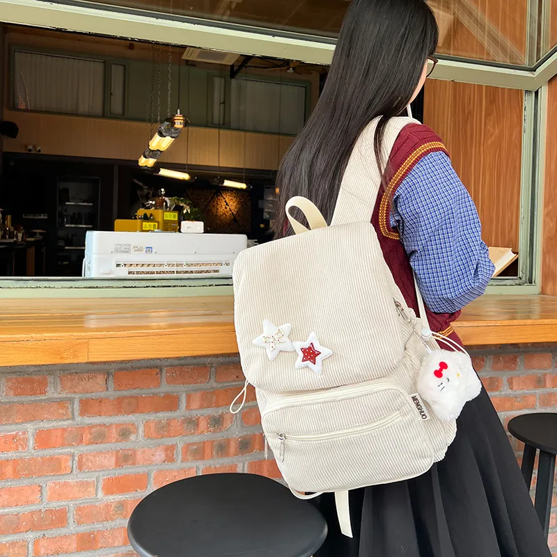LUVISTRUE Corduroy Backpack Medium Size Women's Beige/Khaki/Black-2
