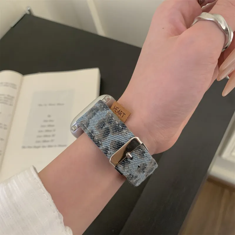 Antey Watch Band Apple Compatibility Denim Vintage Leopard Print Material-8