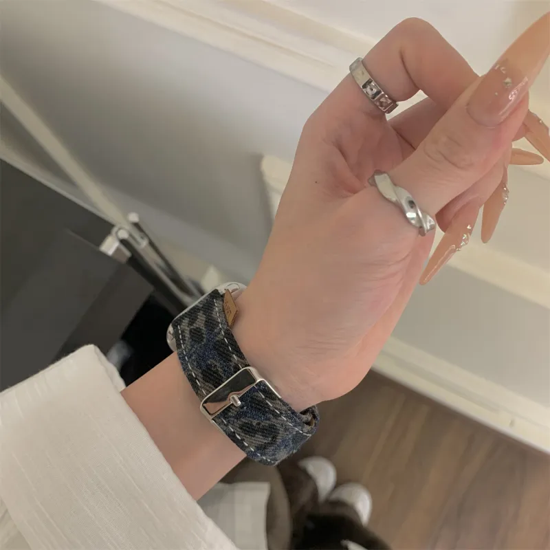 Antey Watch Band Apple Compatibility Denim Vintage Leopard Print Material-4