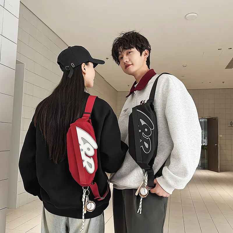 Kaka Tree Nylon Sling Bag, Shoulder Bag, Fanny Pack, Crossbody Bag Unisex Black/Red/Ecru-11