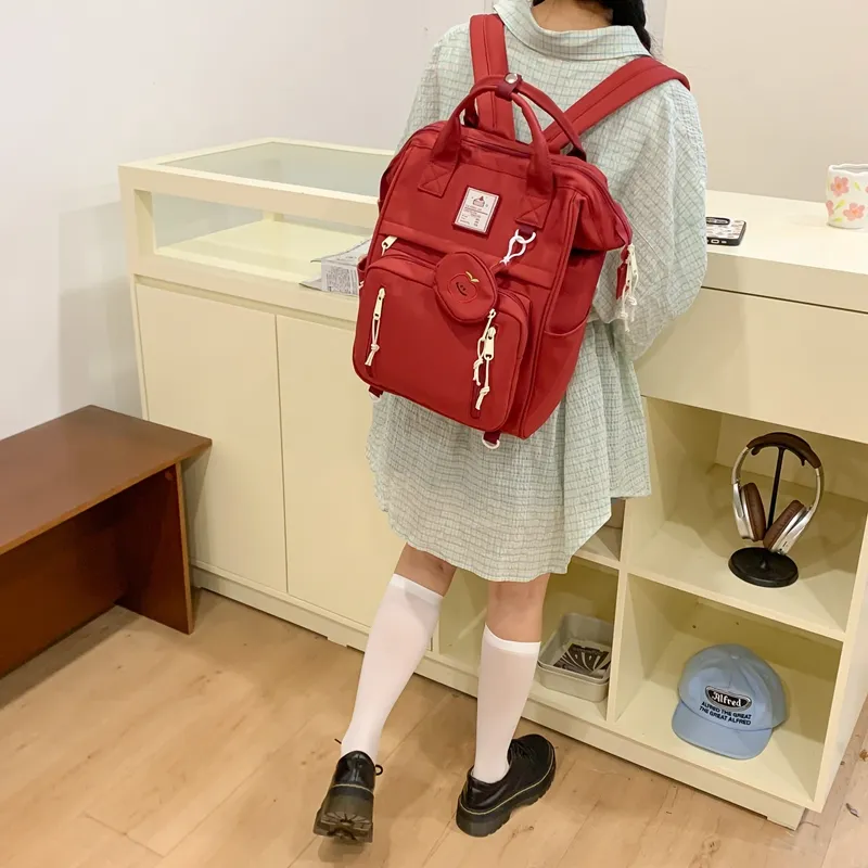 Kaka Tree Nylon Backpack Unisex Black/Ecru/Pink/Red-5