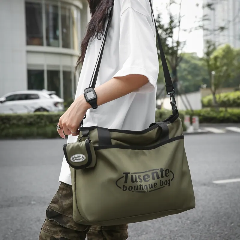 Kaka Tree Nylon Shoulder Bag, Crossbody Bag, Handbag Unisex Black/Light Gray/Green-4