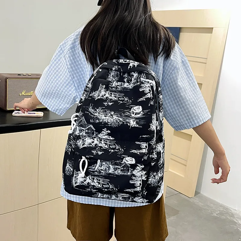Kaka Tree Nylon Backpack Unisex Black/White & Black/White & Blue-1