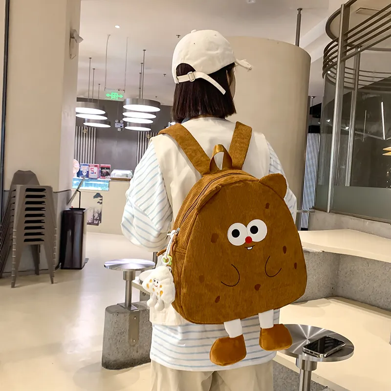 Kaka Tree Corduroy Backpack Small Size Unisex Dark Khaki/Light Khaki/Yellow/White-3