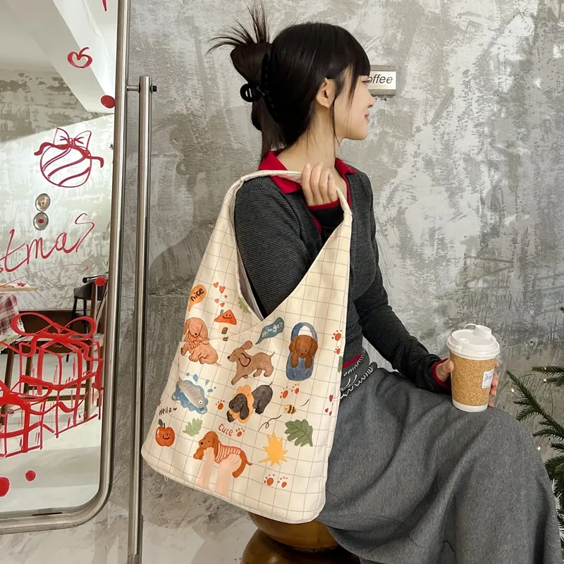 Kaka Tree Canvas Bag, Shoulder Bag Unisex White/Brown/Yellow-6