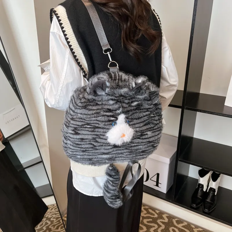 Kaka Tree Plush Backpack Crossbody Bag Large Size Unisex Black/Yellow/Khaki-6