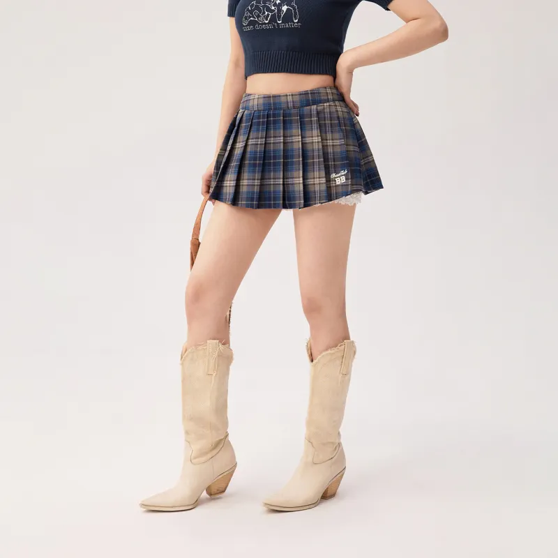 CHUU Casual Short Skirts Women's Blue Plaid-2