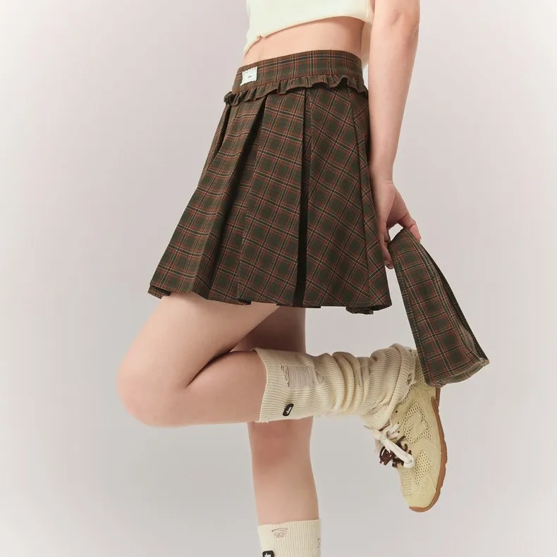 CHUU Casual Short Skirts Women's Green Plaid-3