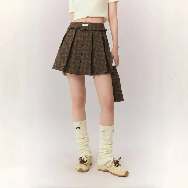 CHUU Casual Short Skirts Women's Green Plaid-4