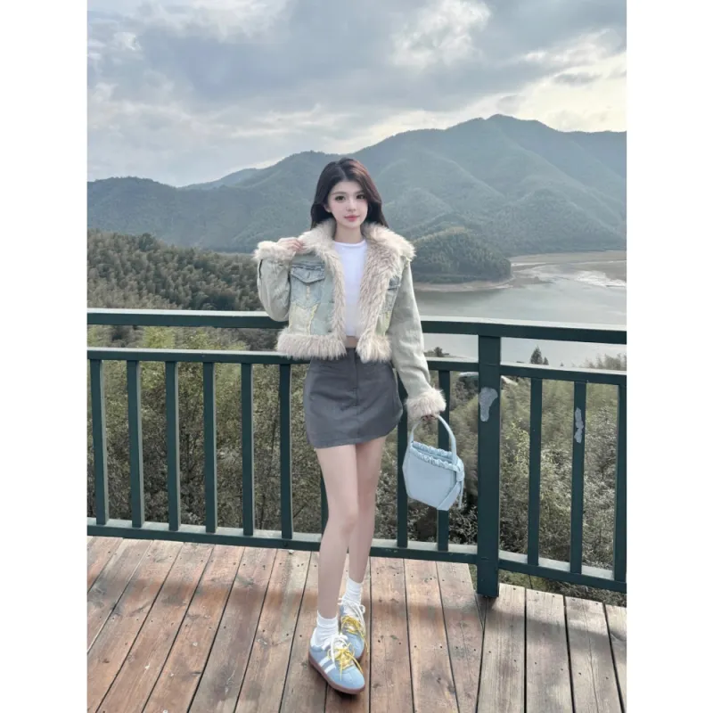 CHUU 24FW Velvet feel Coat Women's Denim Blue-2