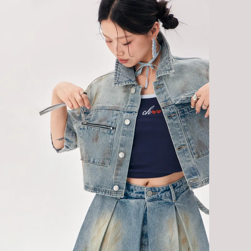 CHUU Cropped Coat Women's Medium Denim Blue-2