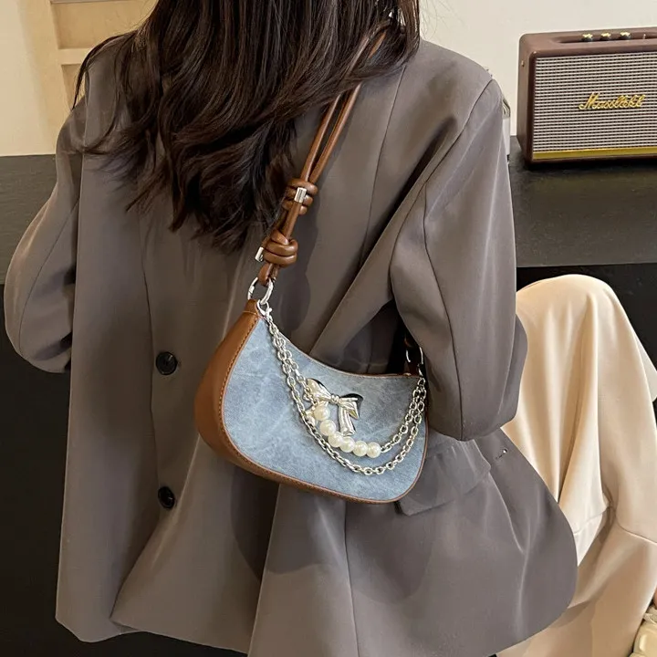 PULUWIRR PU Shoulder Bag Regular Women's Denim Blue/Dark Tea/Ecru-1