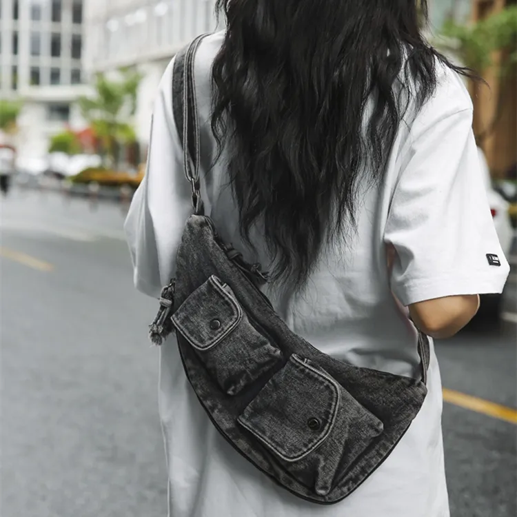 DALO Denim Shoulder Bag, Crossbody Bag Unisex Blue/Black/Khaki-9