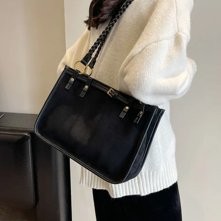 ROSEROOEN PU Velvet Blend Shoulder Bag Women's Black/Khaki/Coffee/Brown-2
