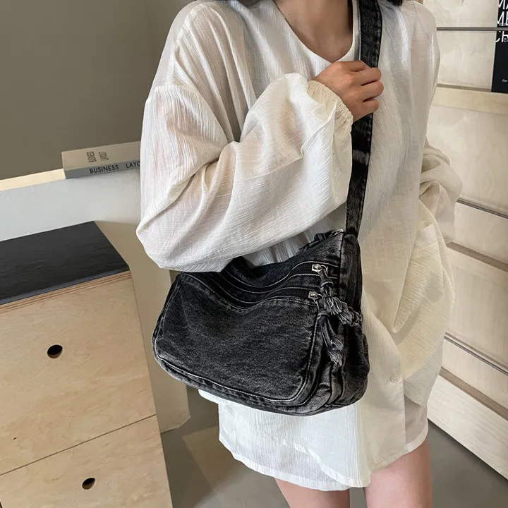 DALO Denim Crossbody Bag, Shoulder Bag Women's Dark Tea/Light Blue/Dark Blue-2