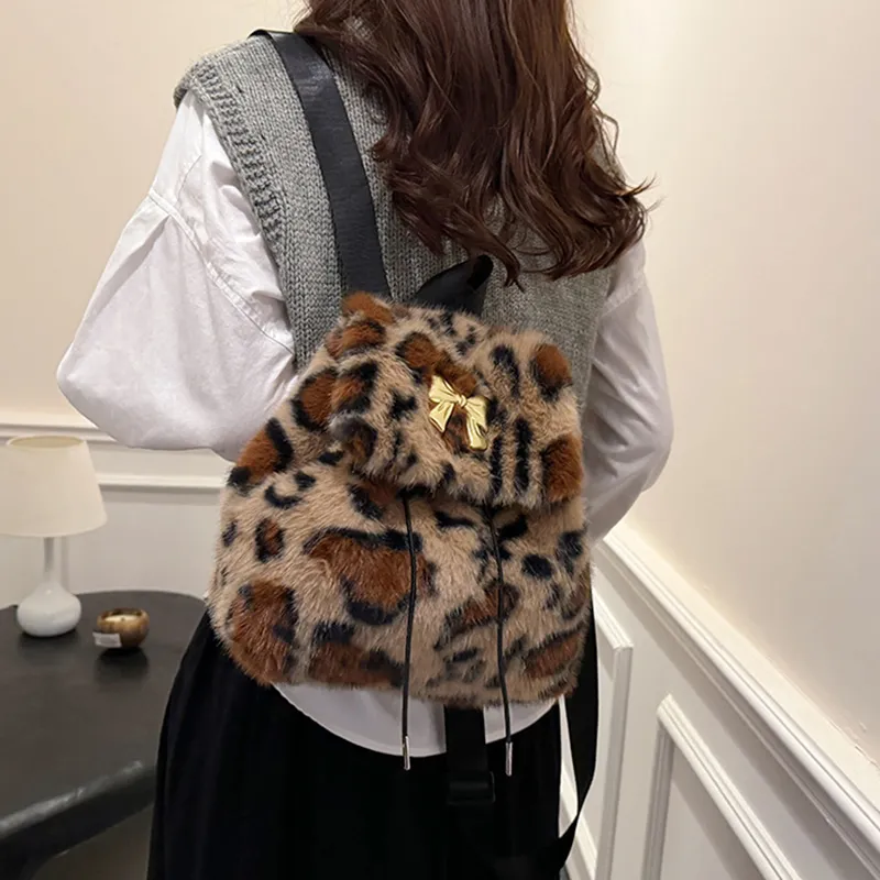 DALO Plush Backpack Regular Women's Black White Brown/Pink/Khaki-13