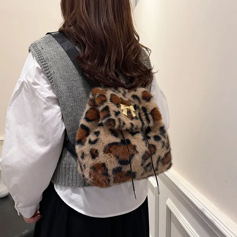 DALO Plush Backpack Regular Women's Black White Brown/Pink/Khaki-14