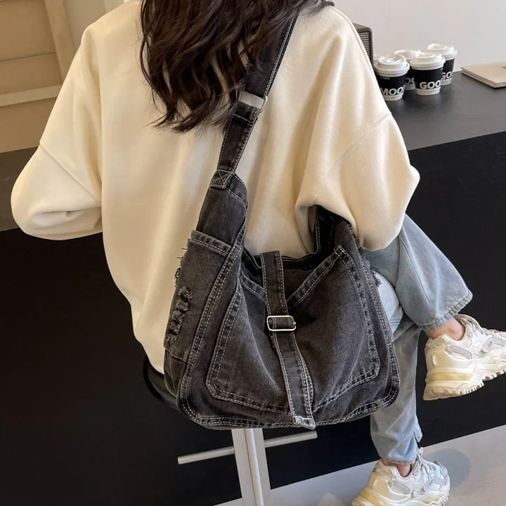 DALO Denim Shoulder Bag, Tote Single Shoulder Bag Women's Black/Dark Blue/Light Blue-3