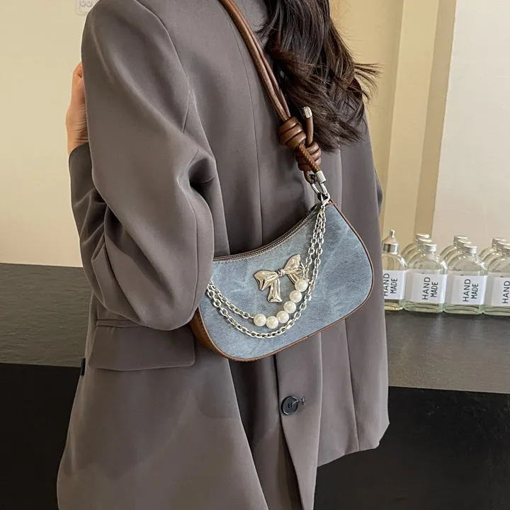 PULUWIRR PU Shoulder Bag Regular Women's Denim Blue/Dark Tea/Ecru-3