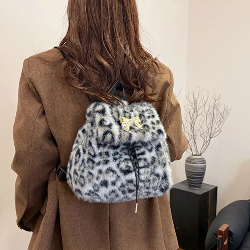 DALO Plush Backpack Regular Women's Black White Brown/Pink/Khaki-1