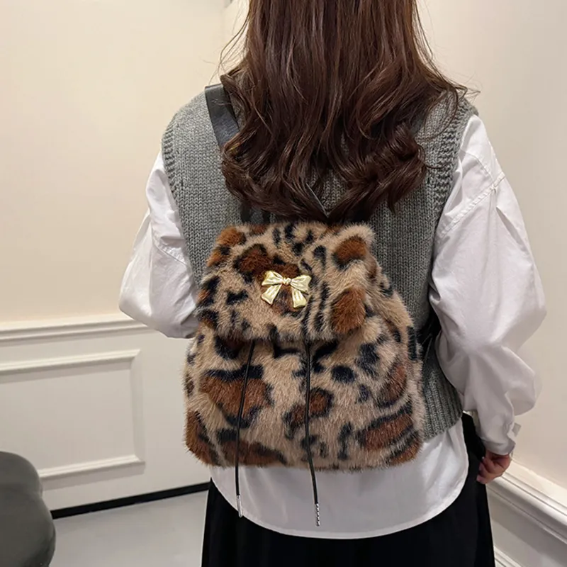 DALO Plush Backpack Regular Women's Black White Brown/Pink/Khaki-15