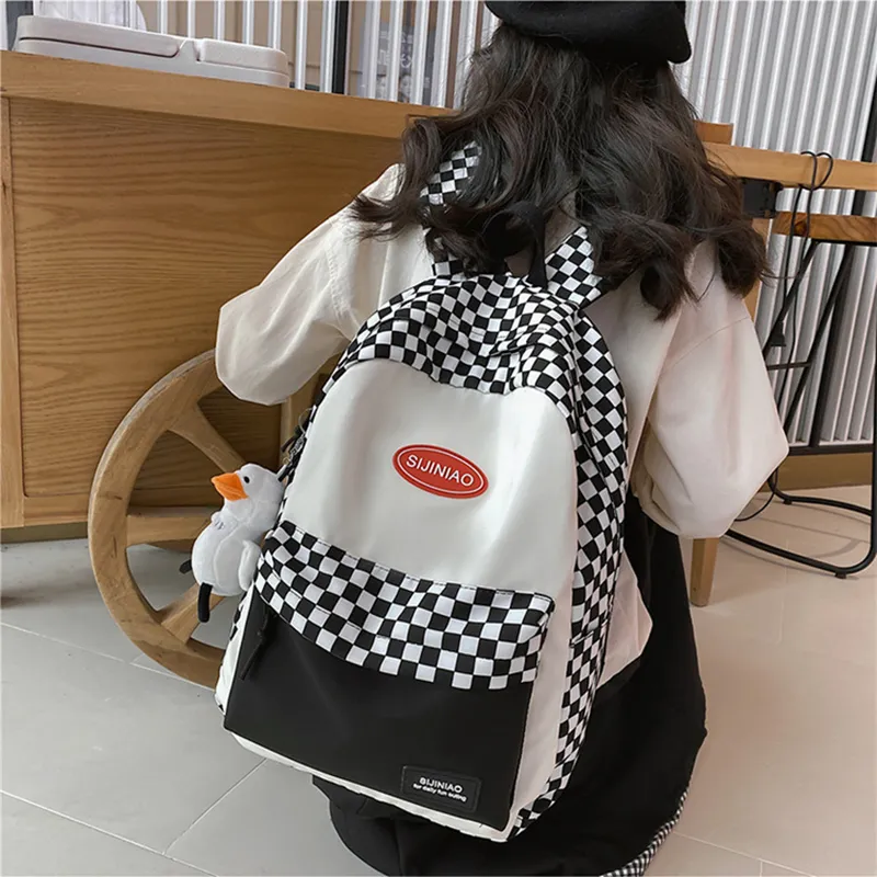 DALO Nylon Backpack Shoulder Bag Unisex Black White Plaid/Colorful Plaid-3