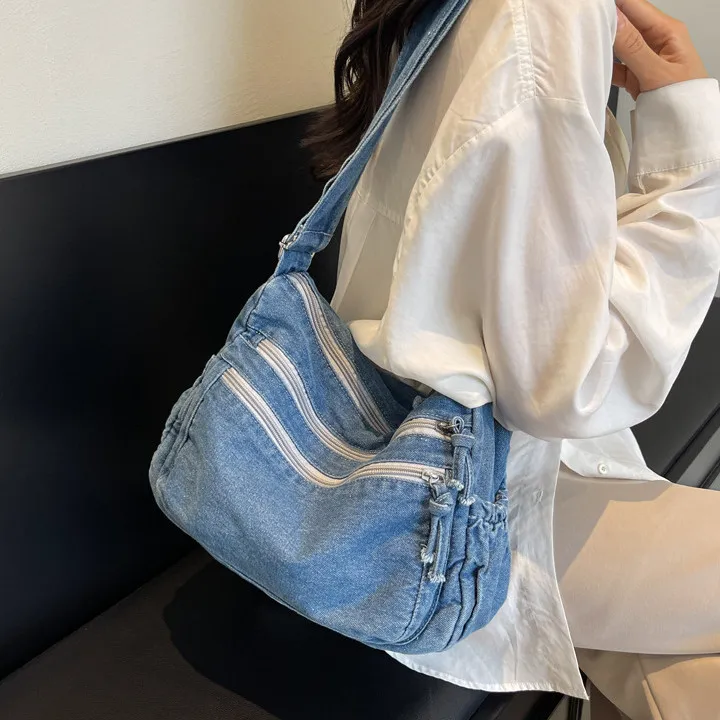 DALO Denim Crossbody Bag, Shoulder Bag Women's Dark Tea/Light Blue/Dark Blue-5
