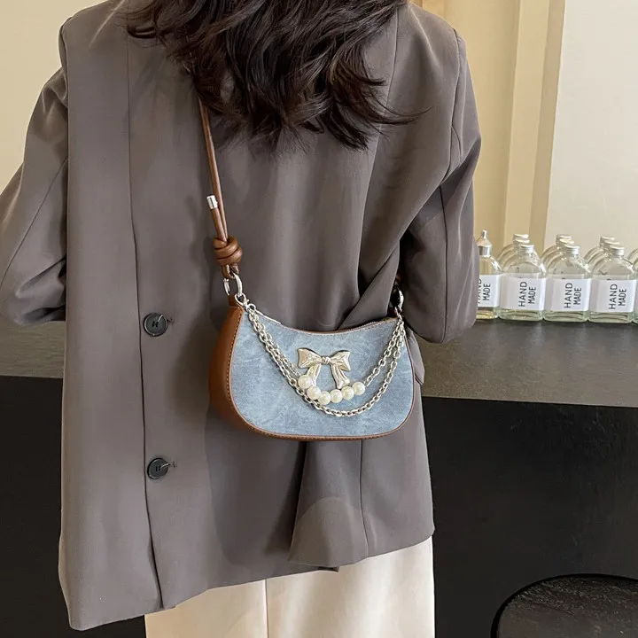 PULUWIRR PU Shoulder Bag Regular Women's Denim Blue/Dark Tea/Ecru-2