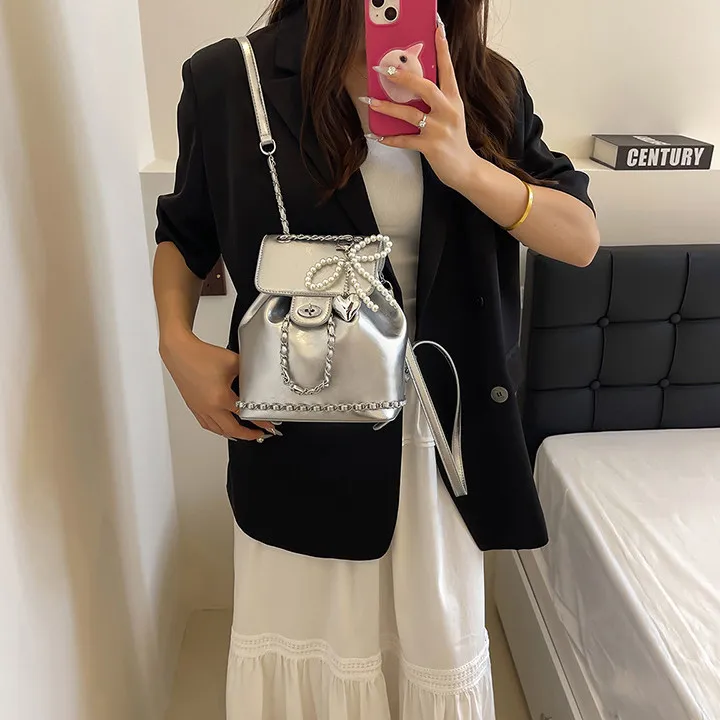 DALO PU Backpack Women's Ecru/Black/Silver-9