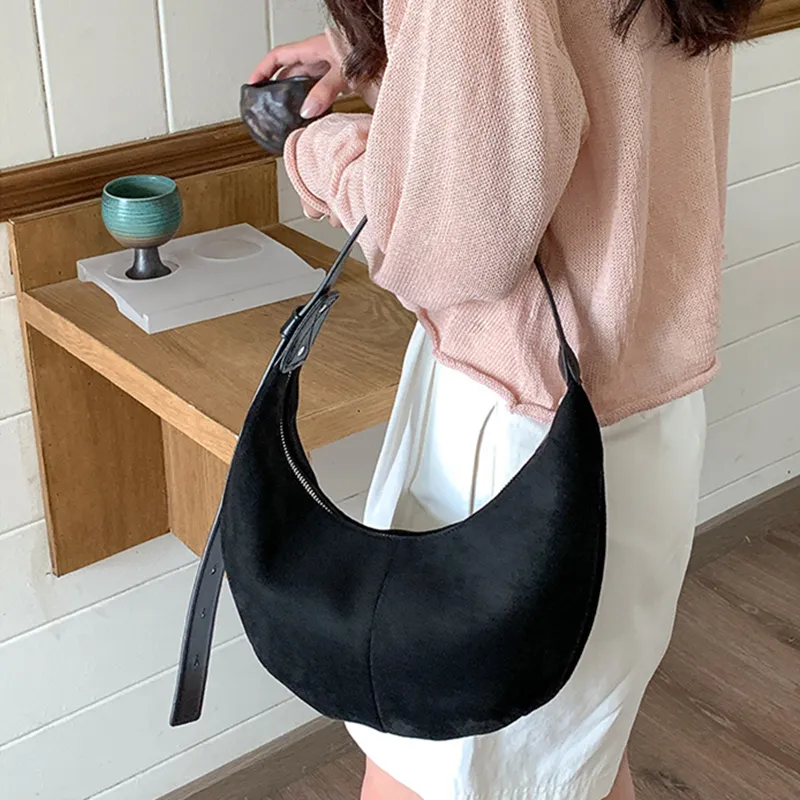 DALO Suede Shoulder Bag Women's Black/Coffee/Blue/Apricot-1