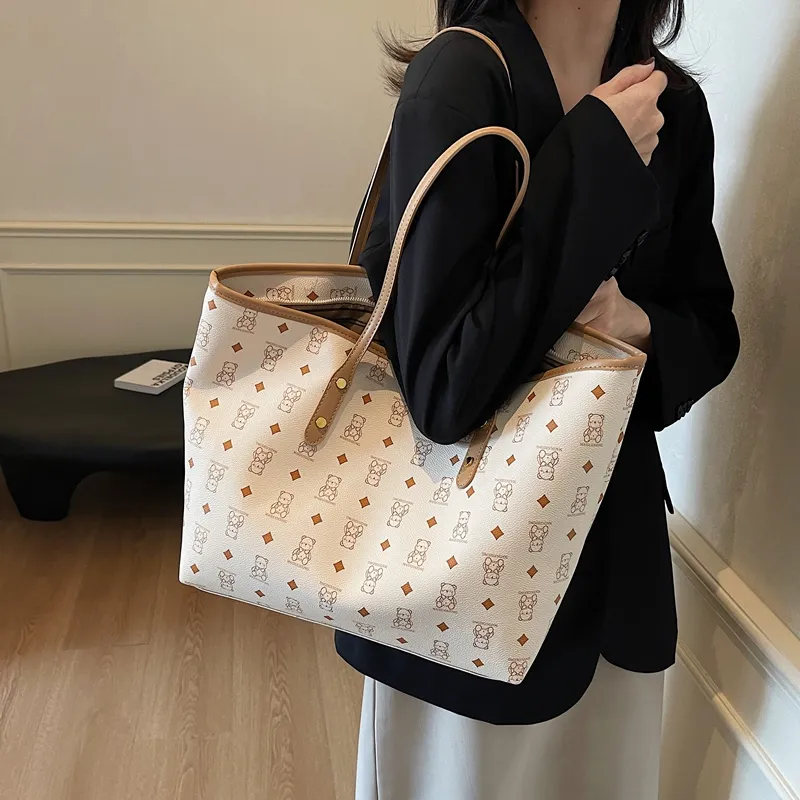 Versman PU Tote Bag, Shoulder Bag Large Size Women's Brown/Black/Pink/White/Black White Color Scheme-5