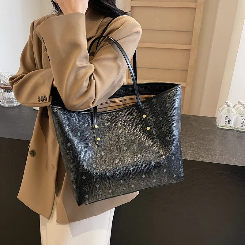 Versman PU Tote Bag, Shoulder Bag Large Size Women's Brown/Black/Pink/White/Black White Color Scheme-9