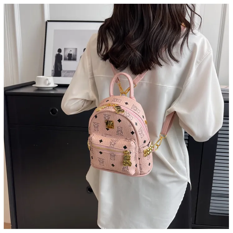 Versman PU Backpack Small Size Women's Black/Ecru/Pink/Brown-16