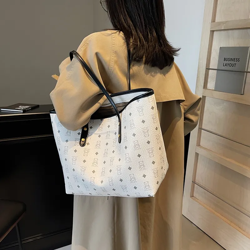 Versman PU Tote Bag, Shoulder Bag Large Size Women's Brown/Black/Pink/White/Black White Color Scheme-17