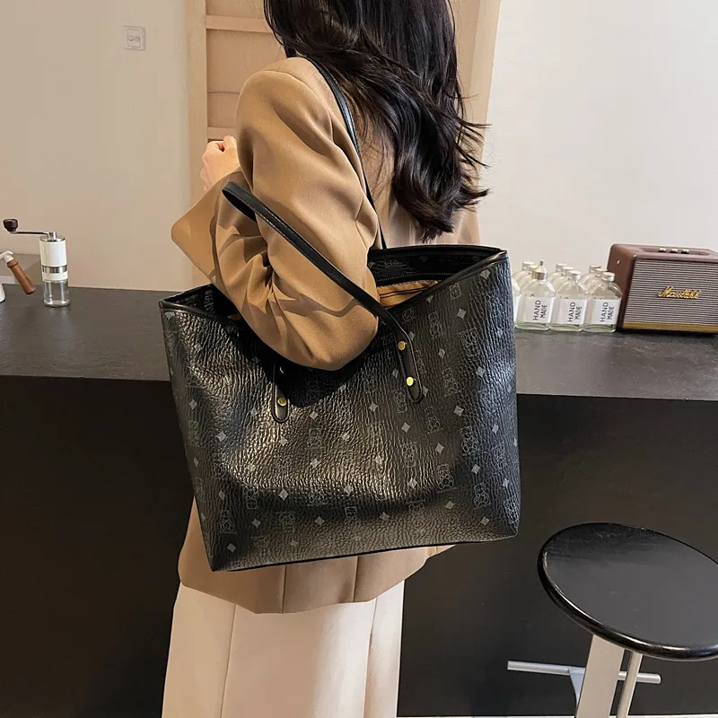 Versman PU Tote Bag, Shoulder Bag Large Size Women's Brown/Black/Pink/White/Black White Color Scheme-8