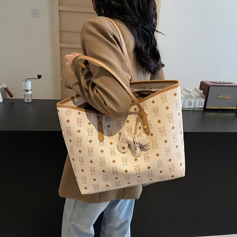 Versman PU Tote Bag, Shoulder Bag Large Size Women's Brown/Black/Pink/White/Black White Color Scheme-2